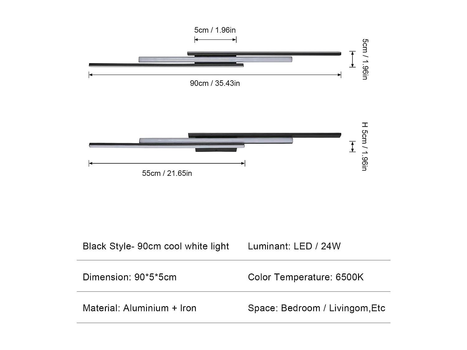 Applique murale LED noire 24 W 2700 lm, applique murale LED d'intérieur moderne 90 cm, éclairage mural blanc chaud 3000 K pour chambre, couloir