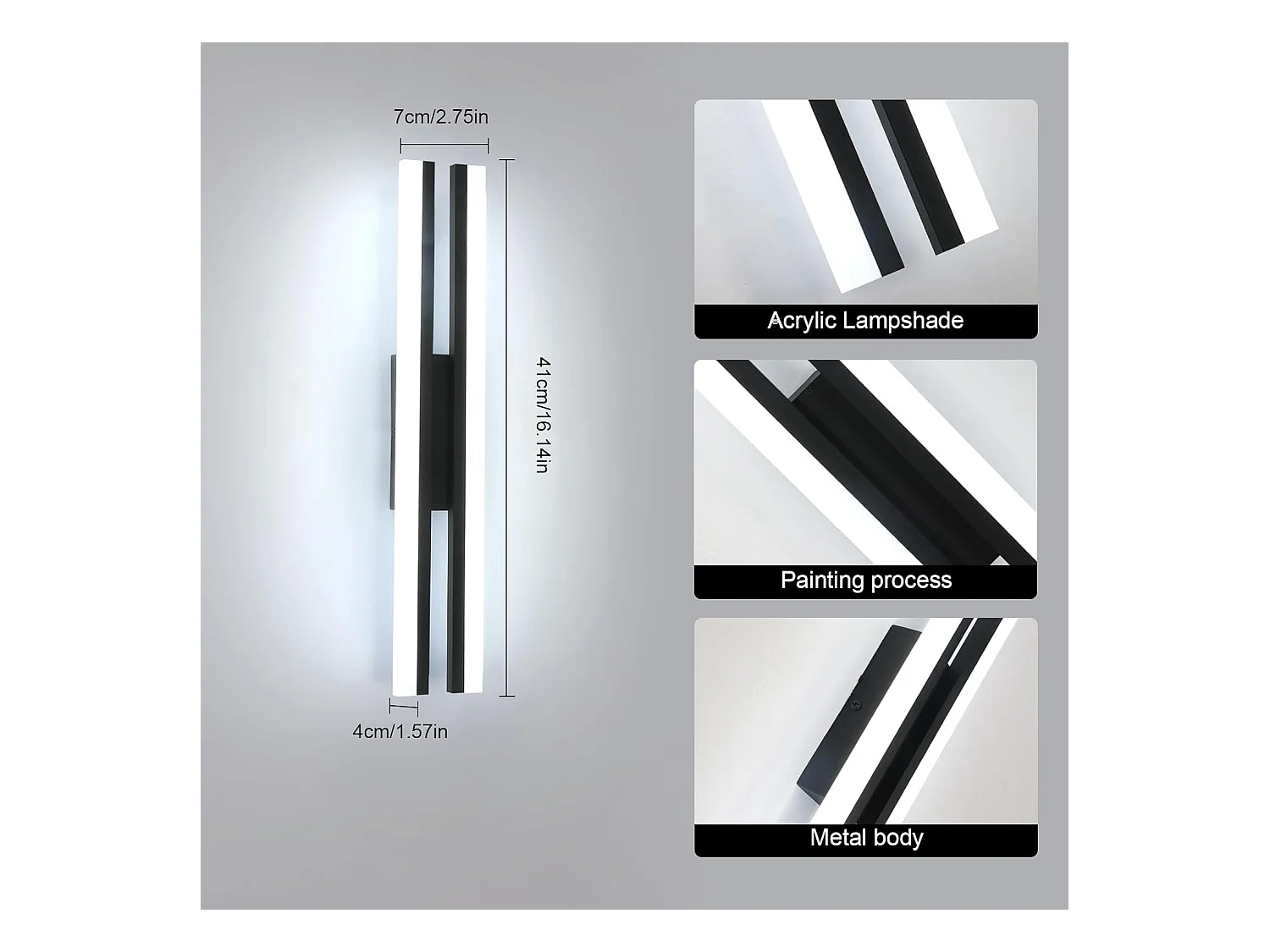 Applique murale LED d'intérieur, design linéaire, moderne, lumière blanche 6500 K, longue applique LED 16 W pour salon, chambre, couloir, noir