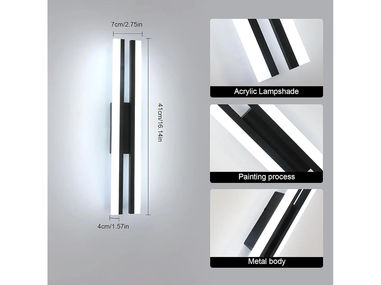 Applique murale LED d'intérieur, design linéaire, moderne, lumière blanche 6500 K, longue applique LED 16 W pour salon, chambre, couloir, noir