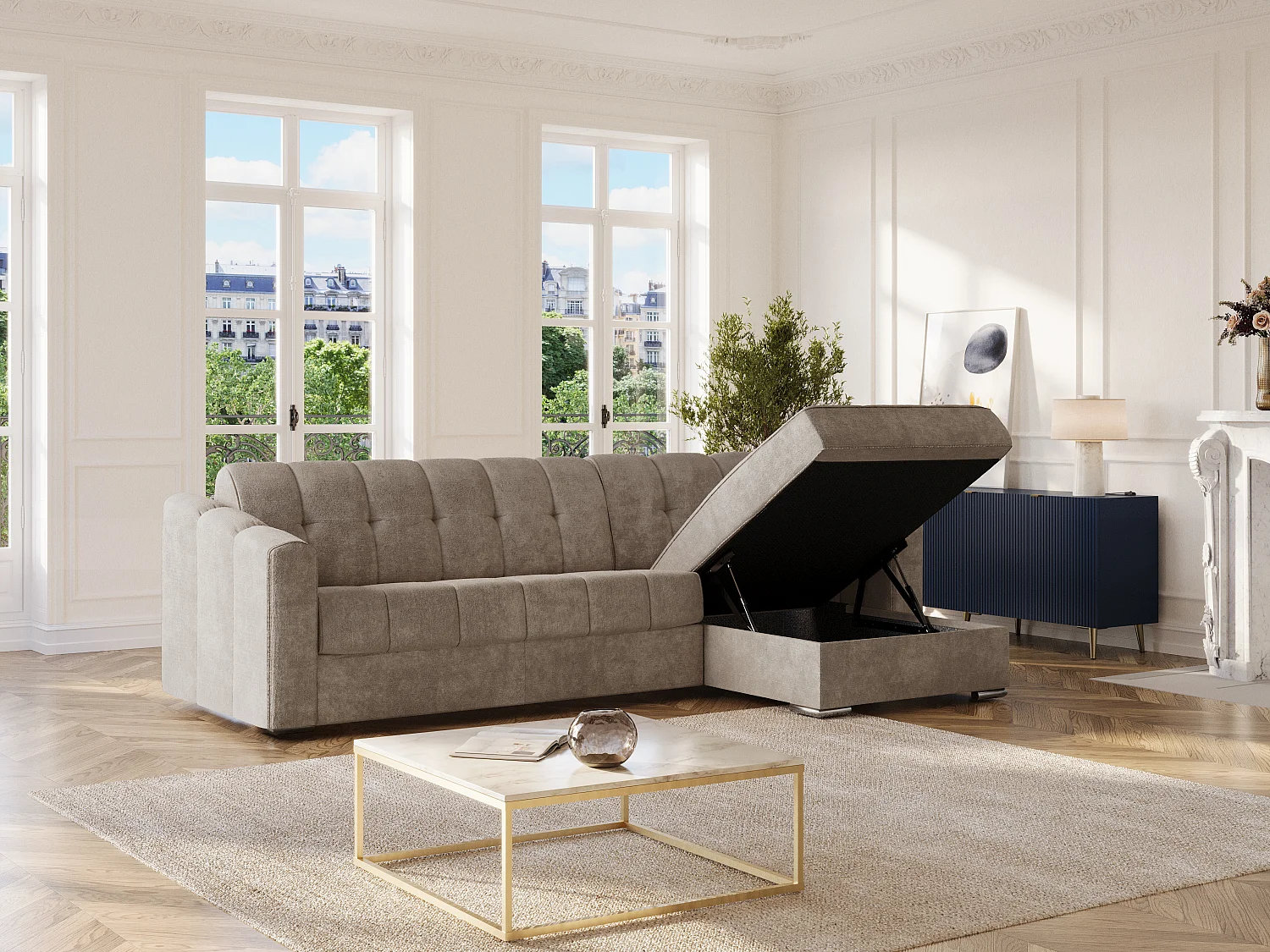 Sofá de canto convertível abertura rápida em tecido texturizado taupe - Cama 140 cm - Colchão 14 cm - DARIELO