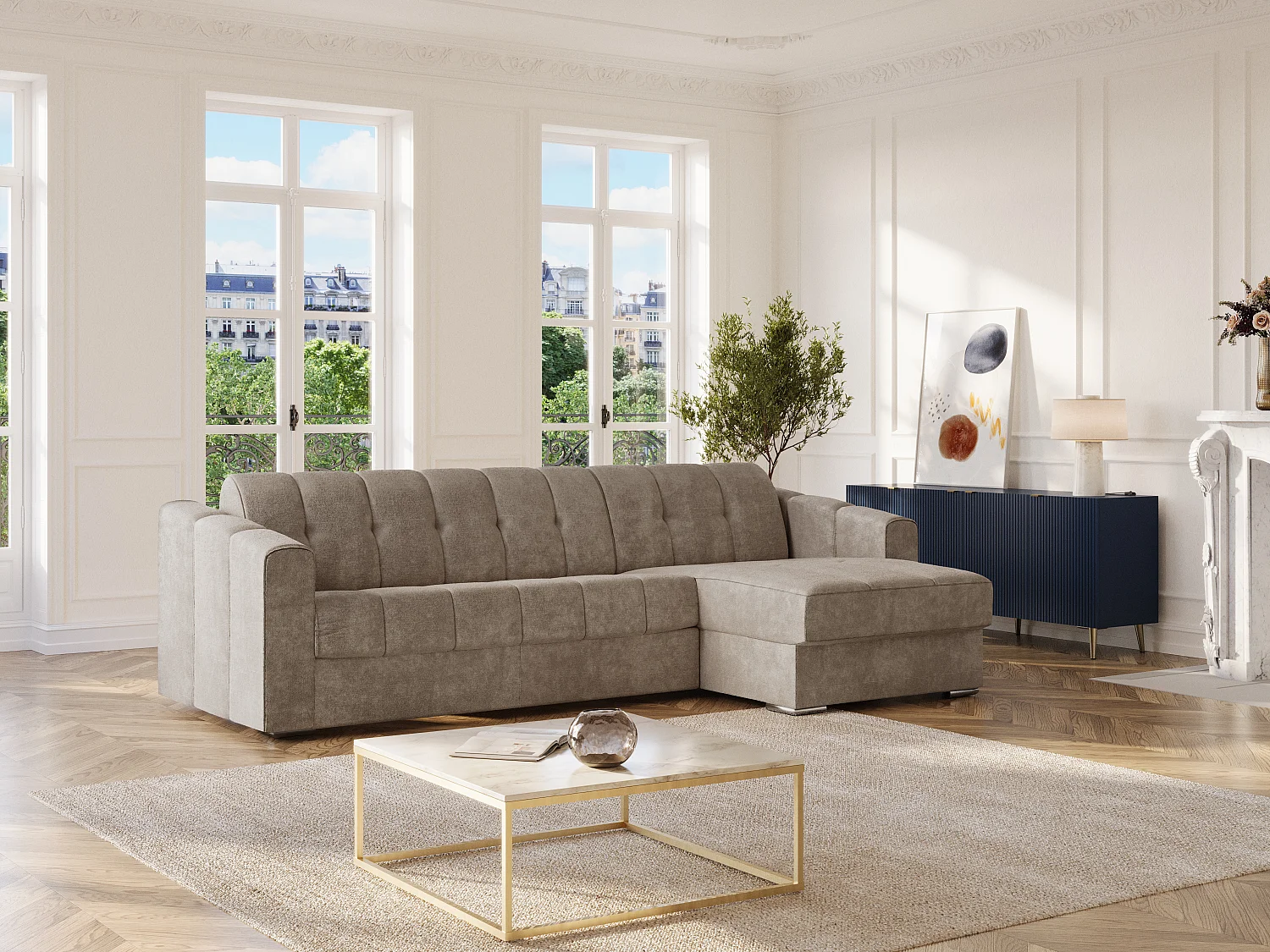 Sofá de canto convertível abertura rápida em tecido texturizado taupe - Cama 140 cm - Colchão 18 cm - DARIELO