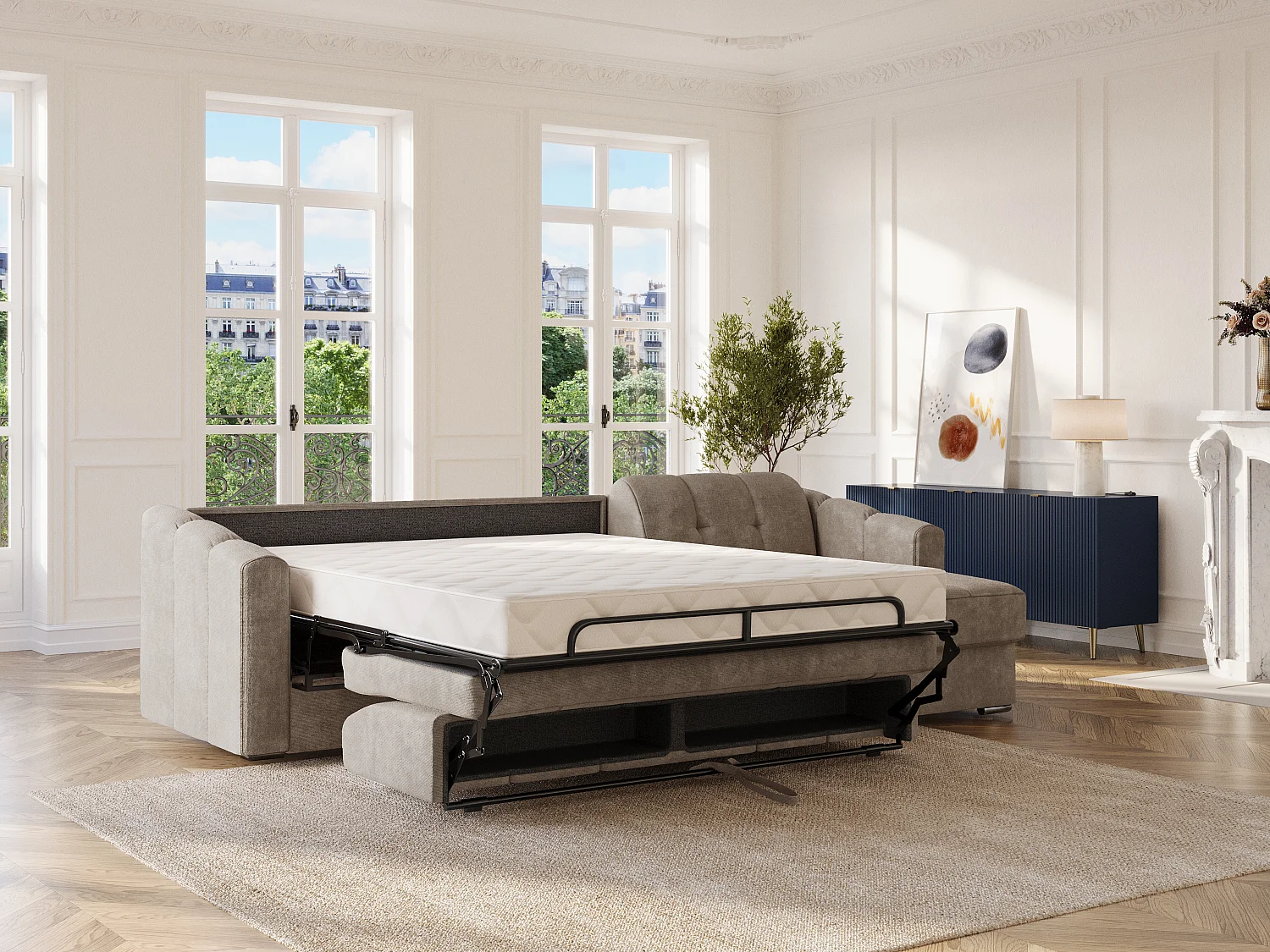 Sofá de canto convertível abertura rápida em tecido texturizado taupe - Cama ripas largas 140 cm - Colchão 18 cm - DARIELO