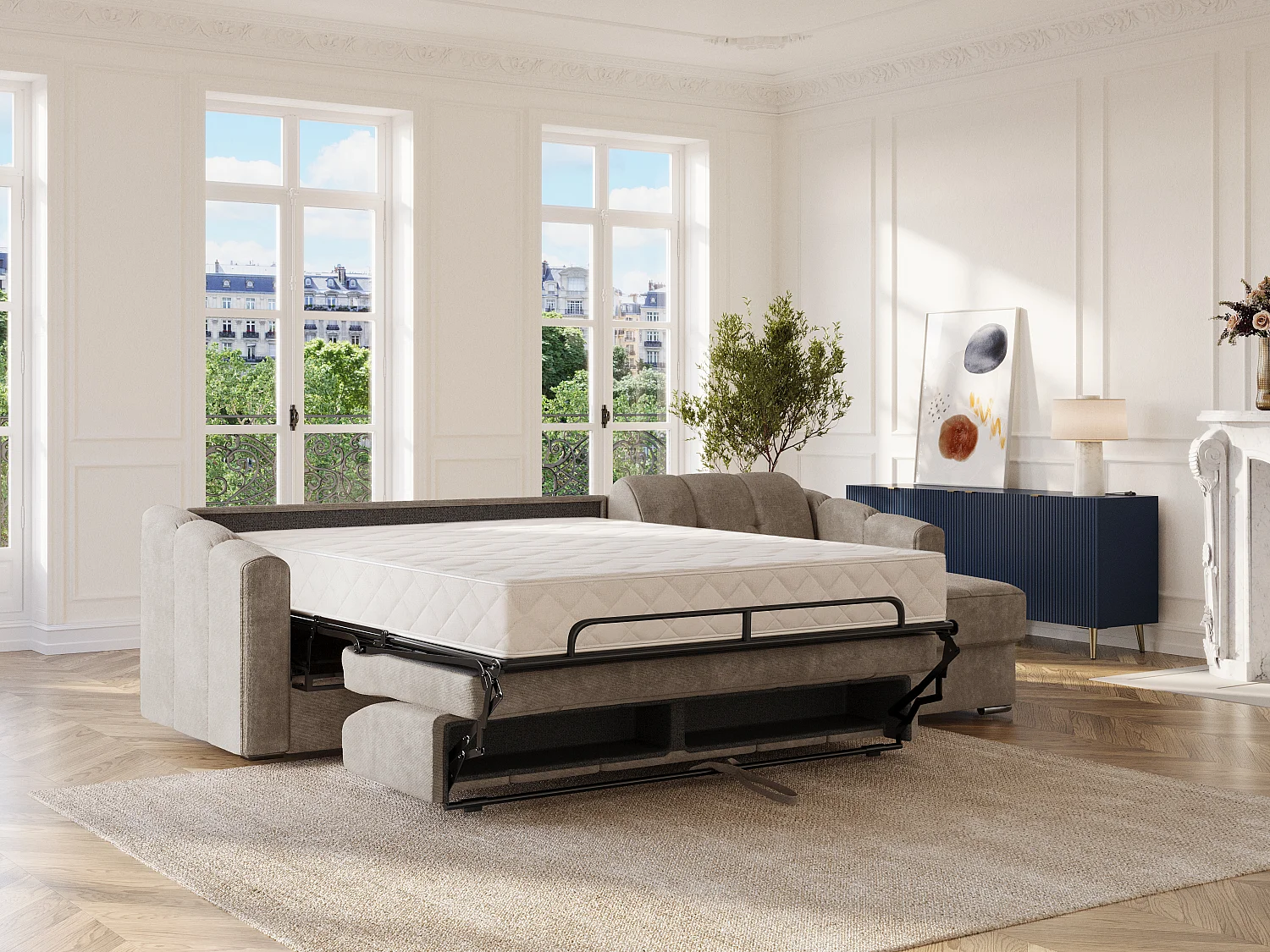 Sofá de canto convertível abertura rápida em tecido texturizado taupe - Cama 140 cm - Colchão 22 cm com memória de forma - DARIELO