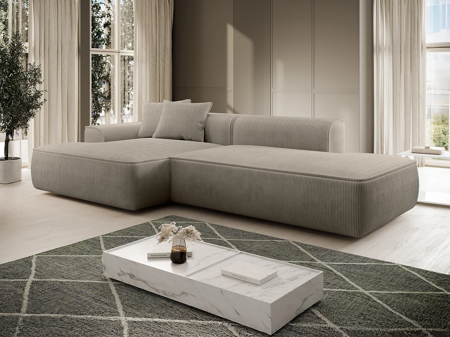 Canapé d'angle gauche en velours côtelé taupe ERYNEL