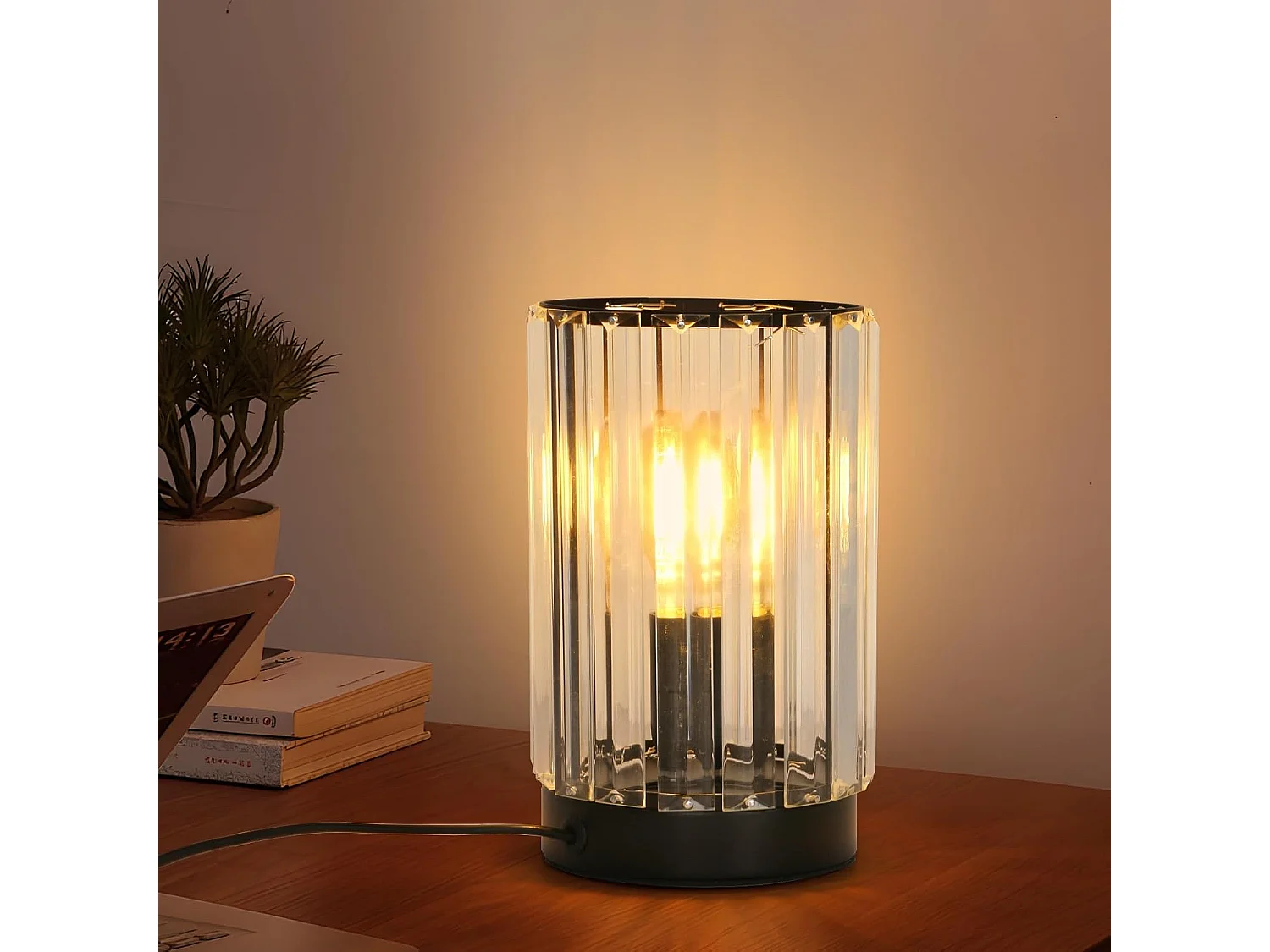 Lampe de table moderne E27, abat-jour en verre cristal, lampe de chevet avec prise et interrupteur pour chambre, salon, salle à manger, noir