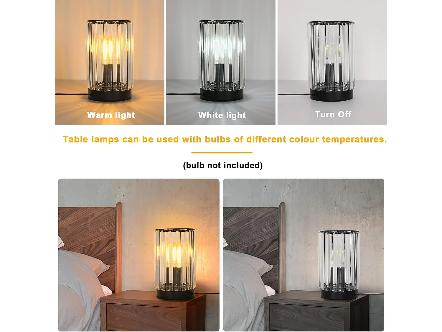 Lampe de table moderne E27, abat-jour en verre cristal, lampe de chevet avec prise et interrupteur pour chambre, salon, salle à manger, noir