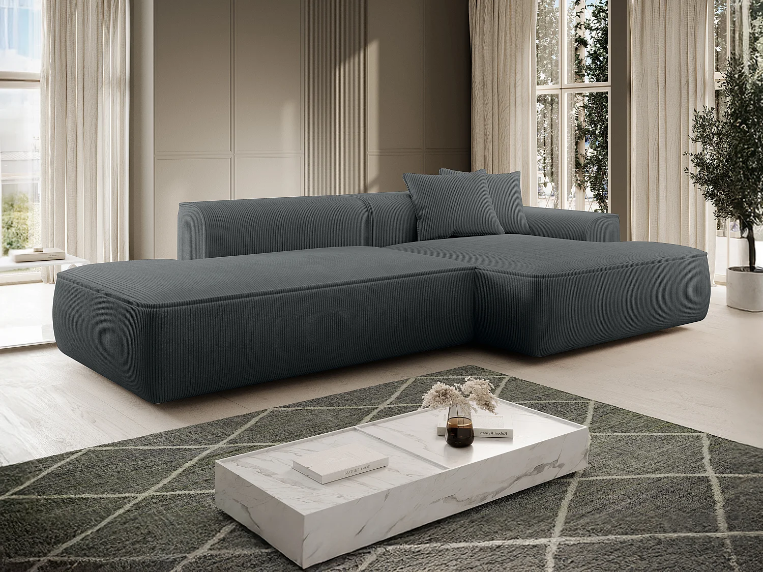 Höger manchestersoffa i mörkgrå sammet ERYNEL