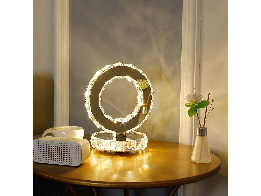 Lampe de table en verre, lampe LED moderne en acier inoxydable, ronde, 9 W, lumière blanc chaud