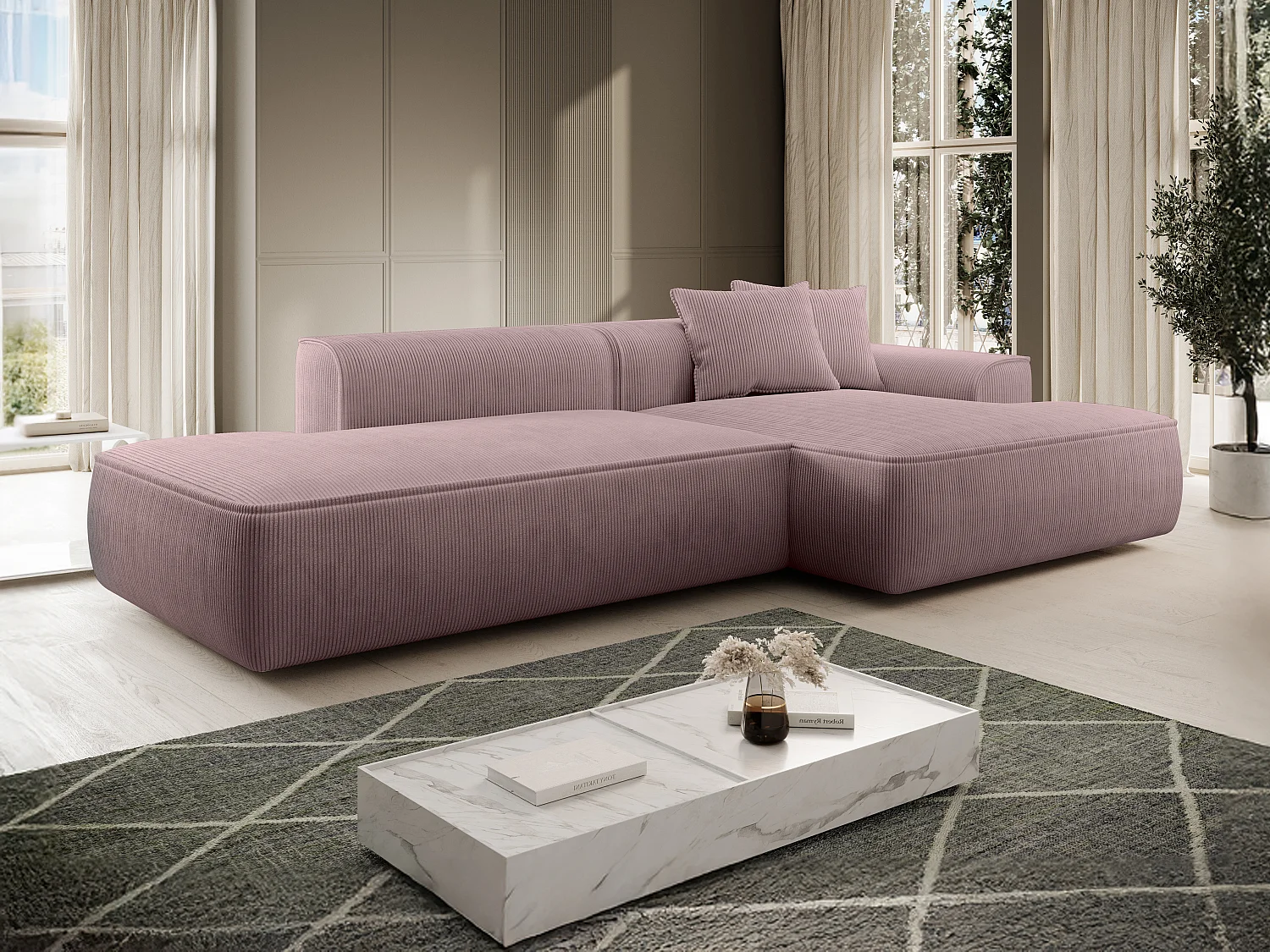 Canapé d'angle droit en velours côtelé mauve ERYNEL