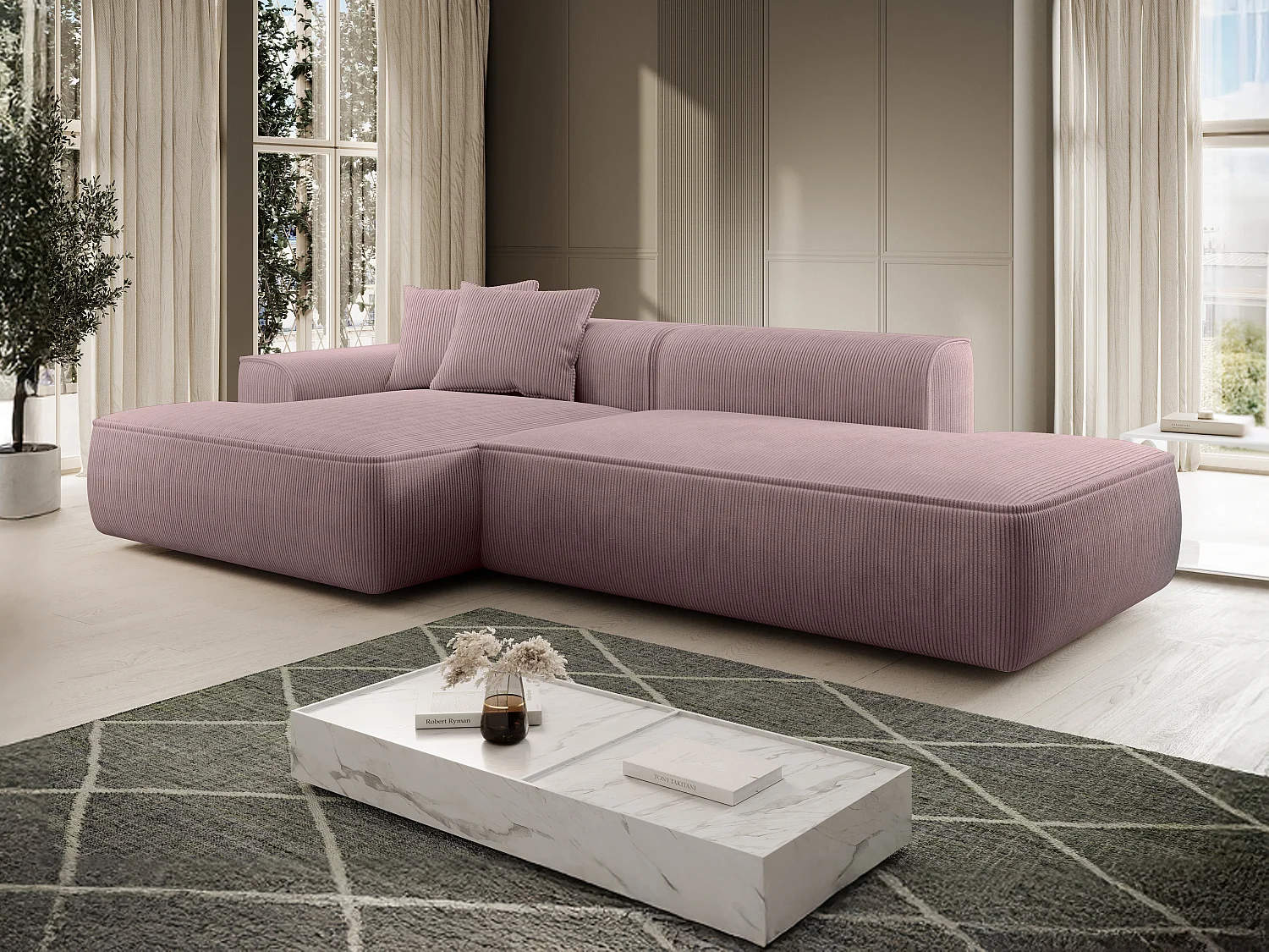 Canapé d'angle gauche en velours côtelé mauve ERYNEL