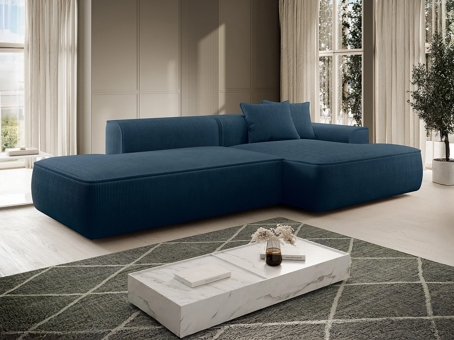  Canapé d'angle droit en velours côtelé bleu ERYNEL