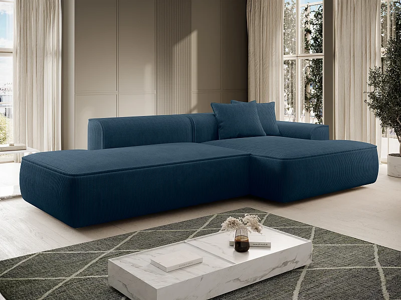  Canapé d'angle droit en velours côtelé bleu ERYNEL