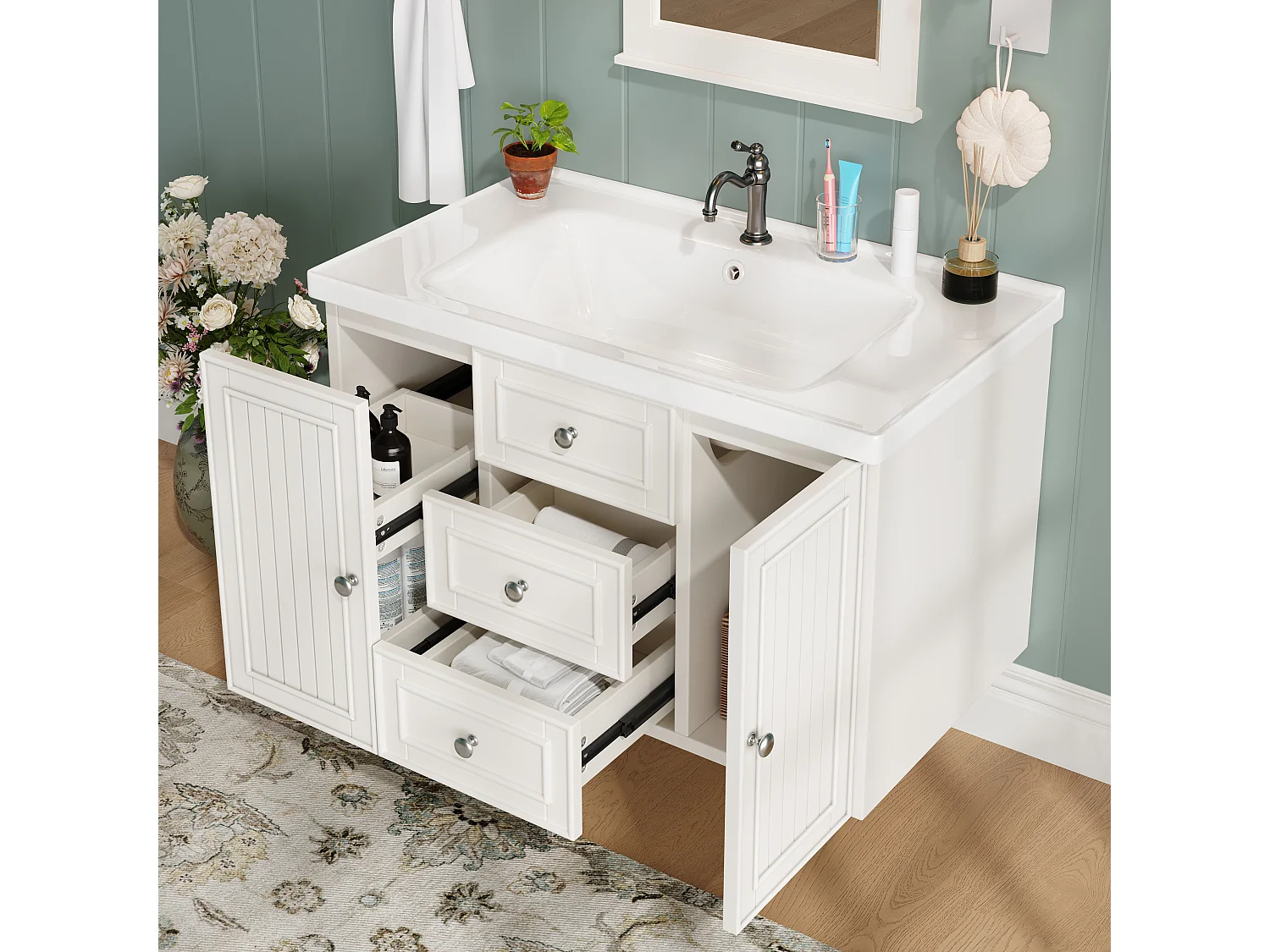 Mueble de baño de pared con lavabo integrado sin grifo, blanco - L81cm