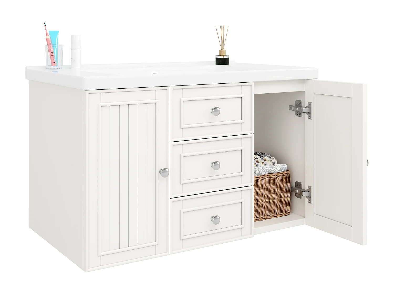 Mueble de baño de pared con lavabo integrado sin grifo, blanco - L81cm