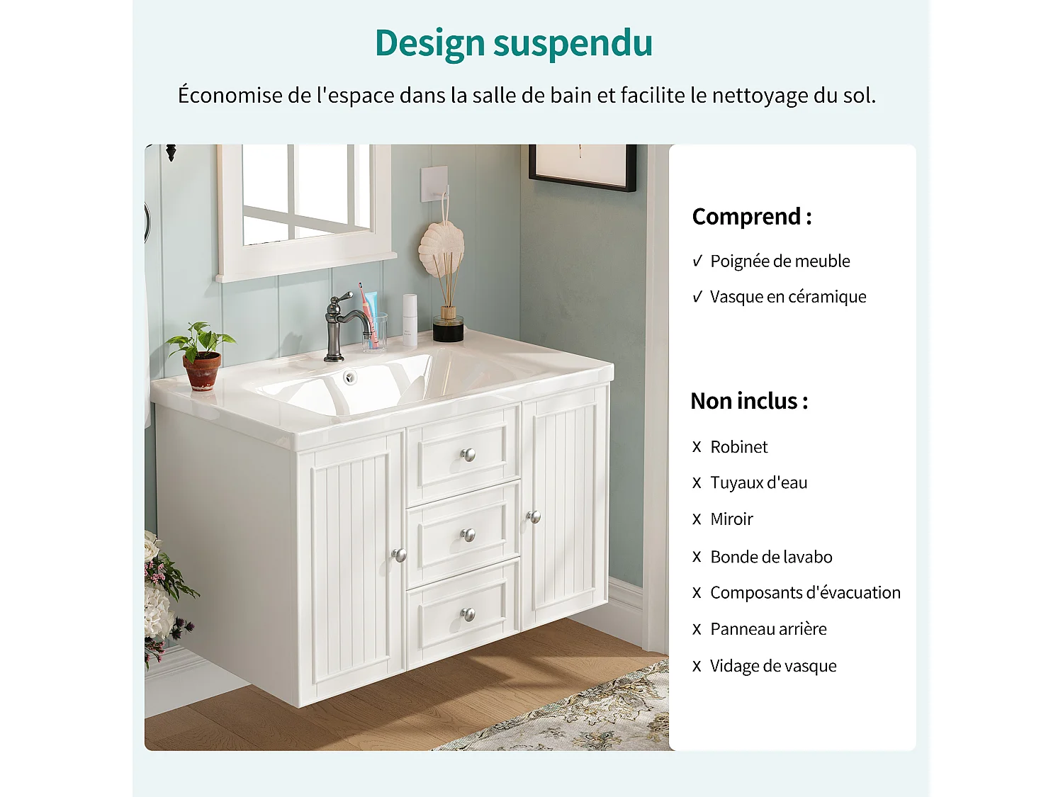 Mueble de baño de pared con lavabo integrado sin grifo, blanco - L81cm