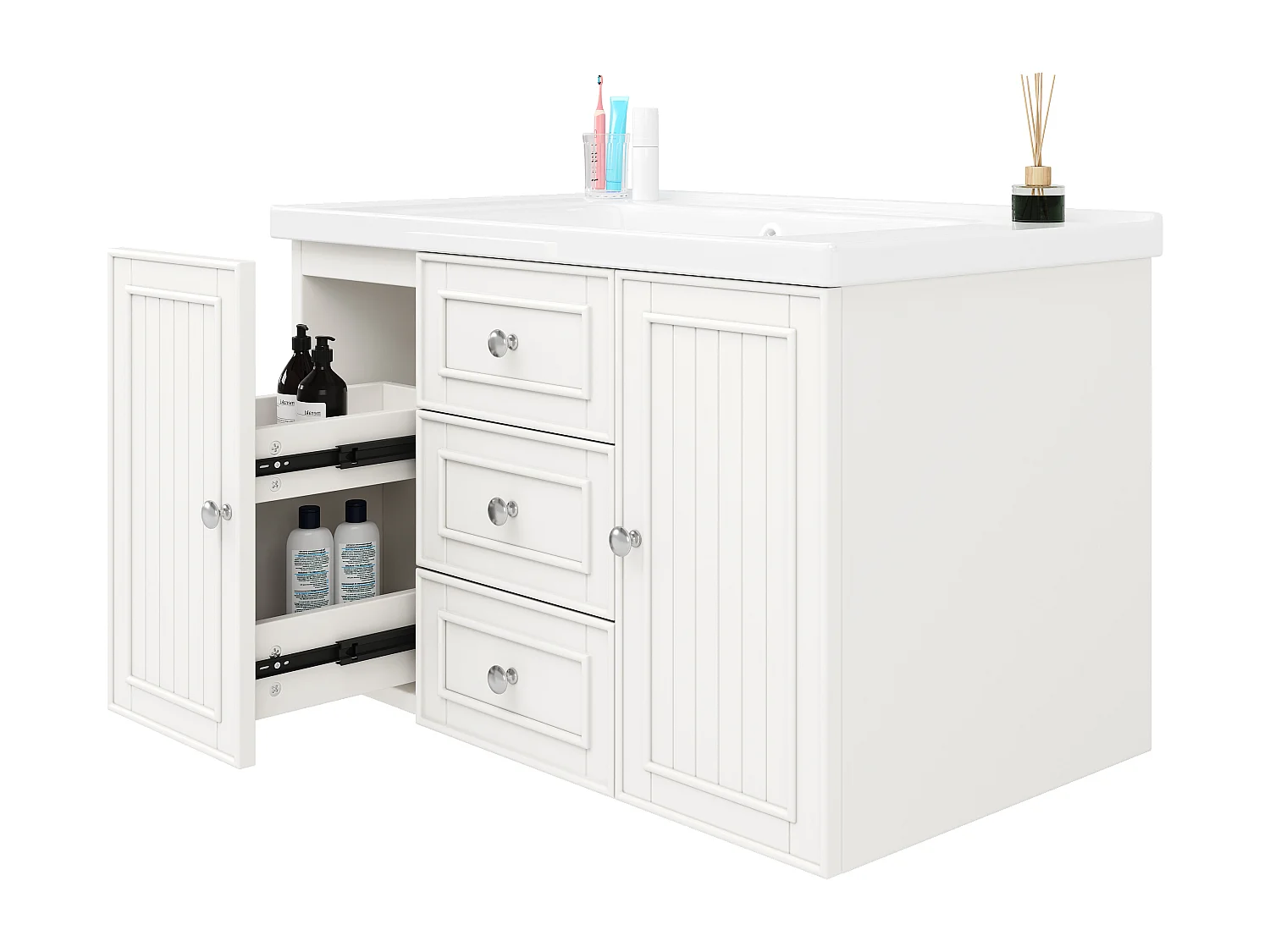 Mueble de baño de pared con lavabo integrado sin grifo, blanco - L81cm