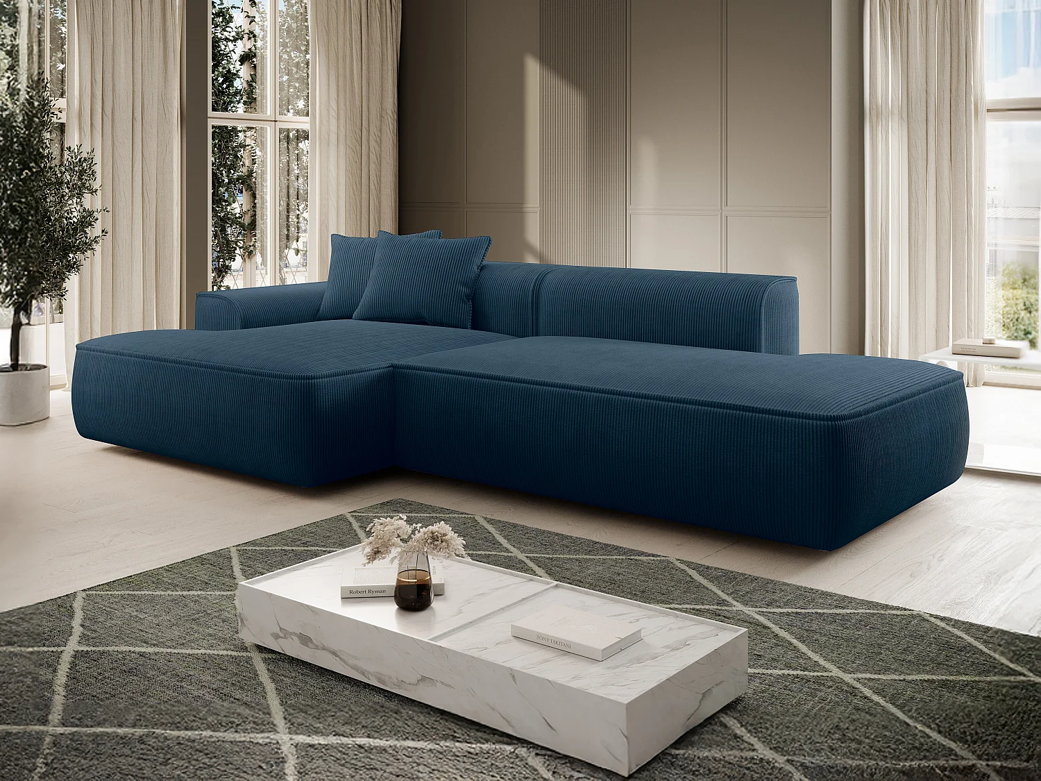 Canapé d'angle gauche en velours côtelé bleu ERYNEL