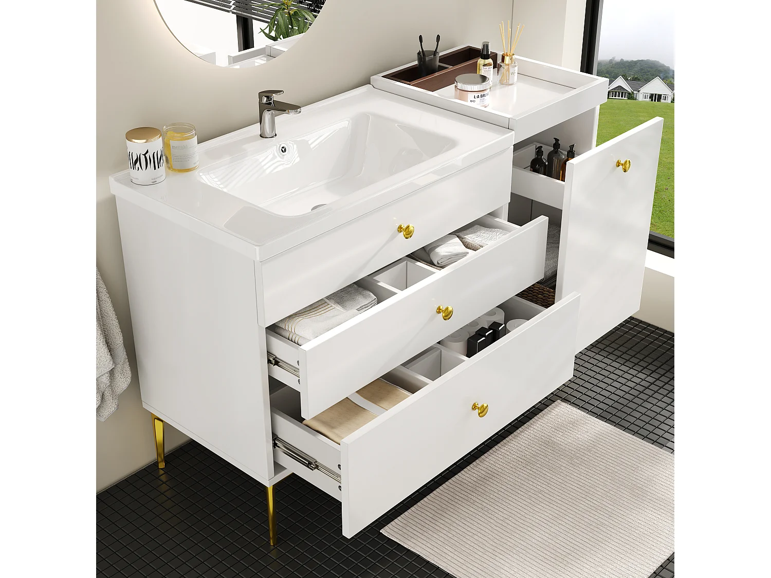 Meuble sous vasque de salle de bain avec vasque encastrée sans Robinet, 3 tiroirs inclus, blanc et pieds doré - L120cm