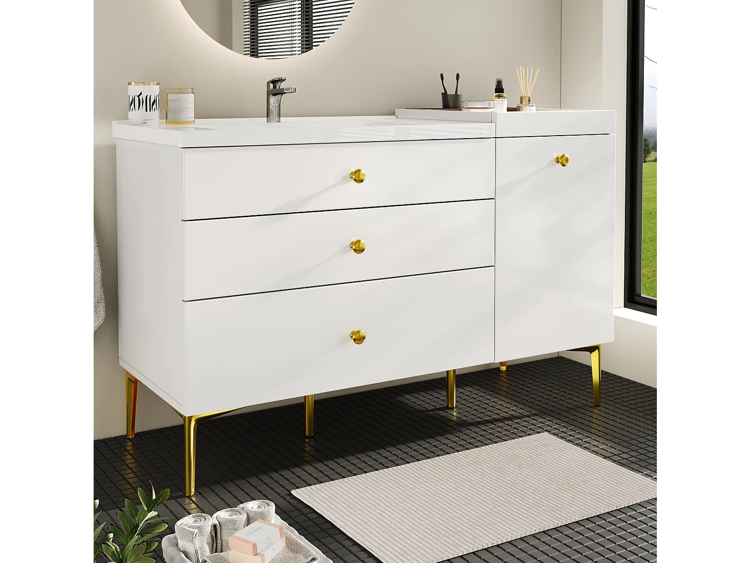 Meuble sous vasque de salle de bain avec vasque encastrée sans Robinet, 3 tiroirs inclus, blanc et pieds doré - L120cm