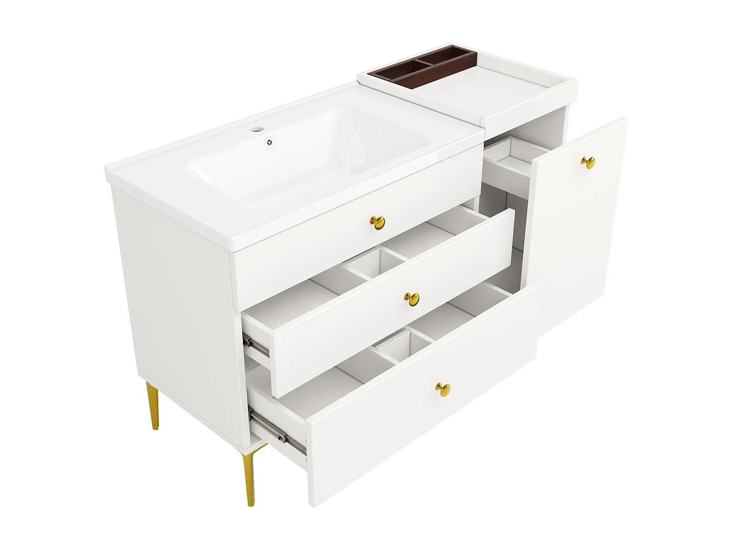 Meuble sous vasque de salle de bain avec vasque encastrée sans Robinet, 3 tiroirs inclus, blanc et pieds doré - L120cm