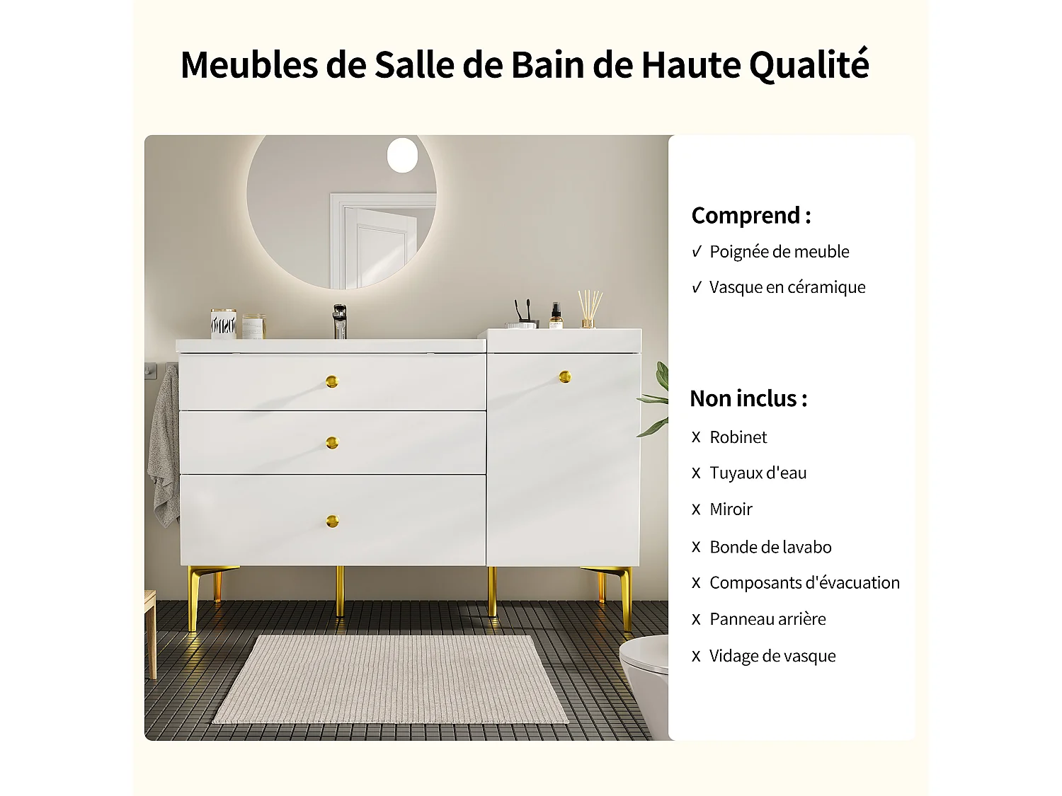 Meuble sous vasque de salle de bain avec vasque encastrée sans Robinet, 3 tiroirs inclus, blanc et pieds doré - L120cm