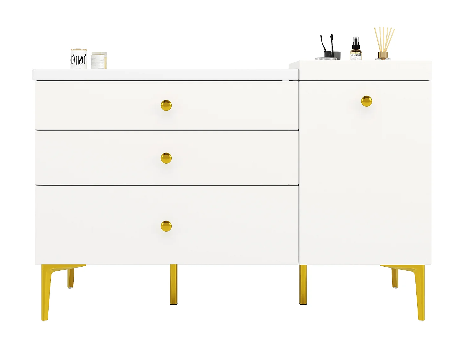 Meuble sous vasque de salle de bain avec vasque encastrée sans Robinet, 3 tiroirs inclus, blanc et pieds doré - L120cm