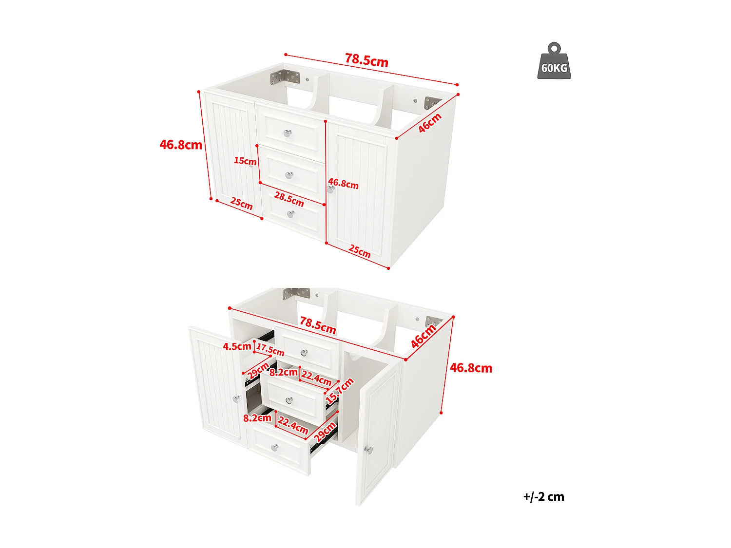 Meuble sous vasque de salle de bain suspendu avec 3 tiroirs et porte, MDF blanc - L78.5cm