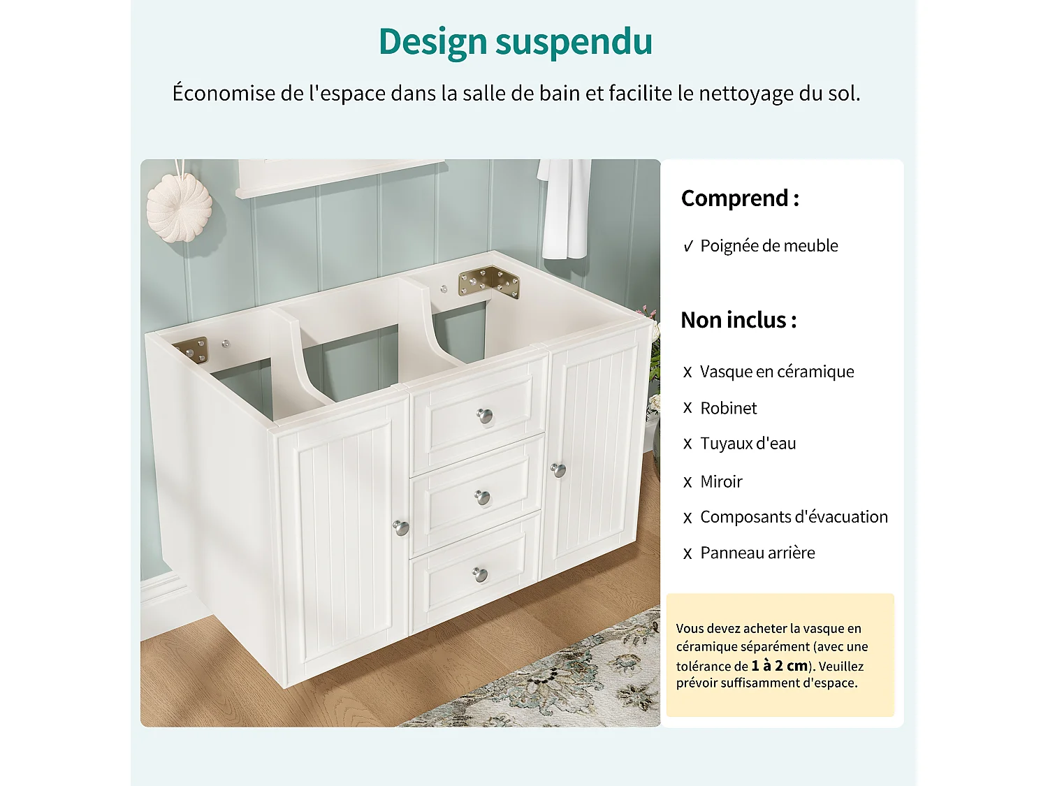 Meuble sous vasque de salle de bain suspendu avec 3 tiroirs et porte, MDF blanc - L78.5cm
