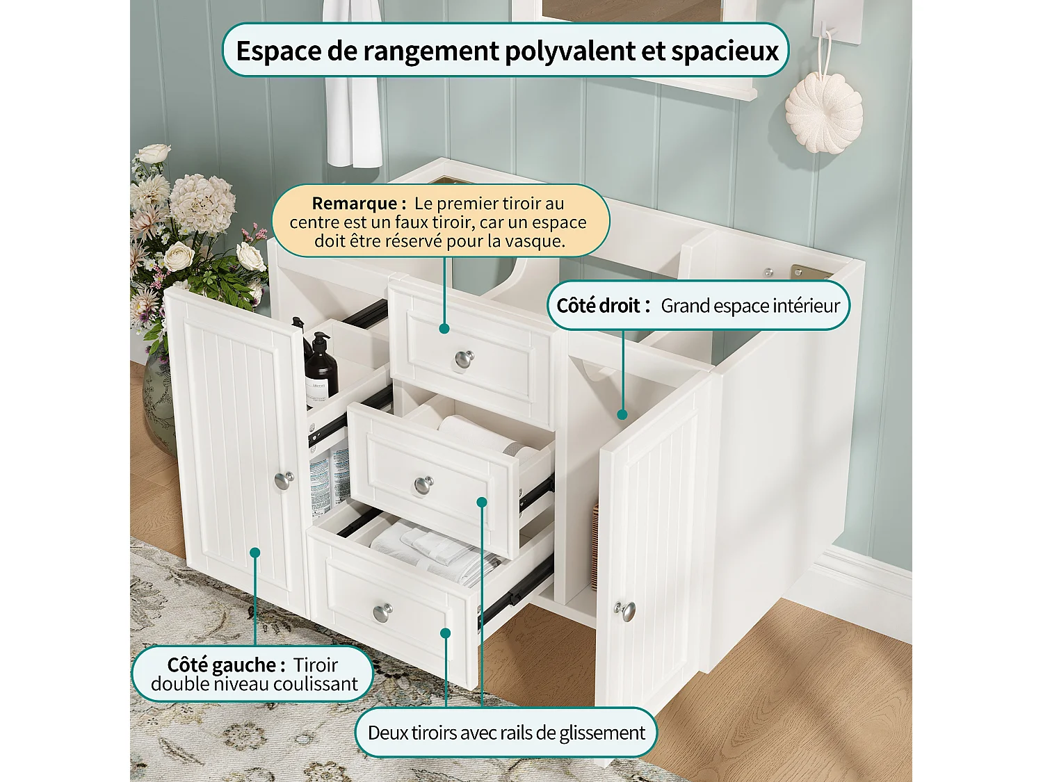 Meuble sous vasque de salle de bain suspendu avec 3 tiroirs et porte, MDF blanc - L78.5cm