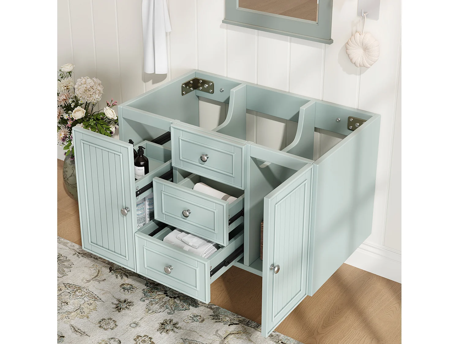 Meuble sous vasque de salle de bain suspendu avec 3 tiroirs et porte, MDF vert - L78.5cm