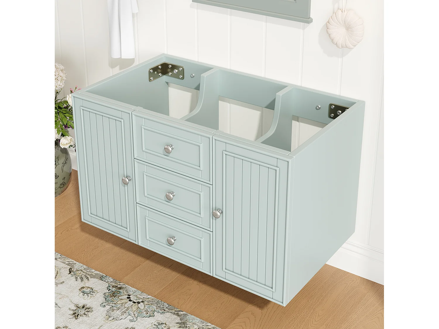 Meuble sous vasque de salle de bain suspendu avec 3 tiroirs et porte, MDF vert - L78.5cm