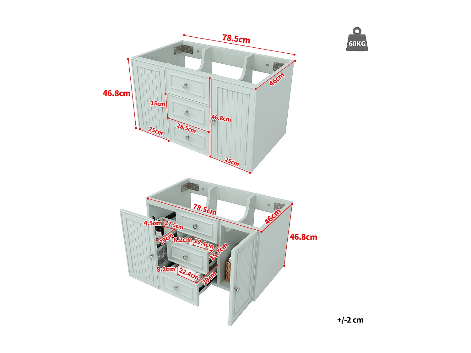 Meuble sous vasque de salle de bain suspendu avec 3 tiroirs et porte, MDF vert - L78.5cm
