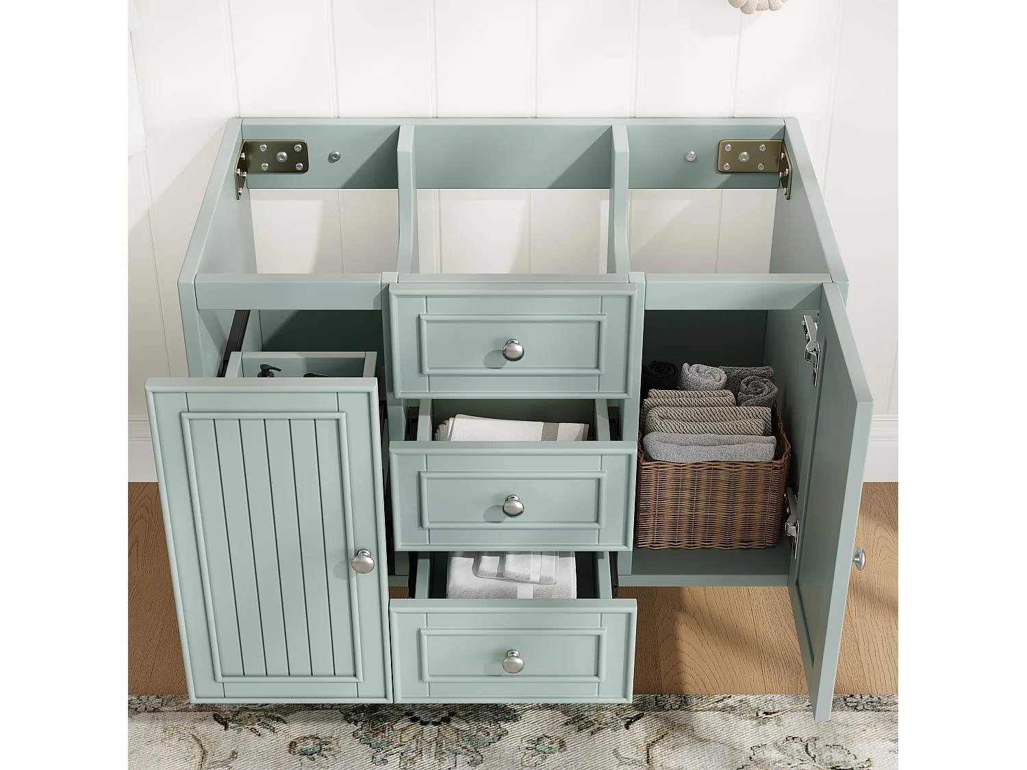 Meuble sous vasque de salle de bain suspendu avec 3 tiroirs et porte, MDF vert - L78.5cm