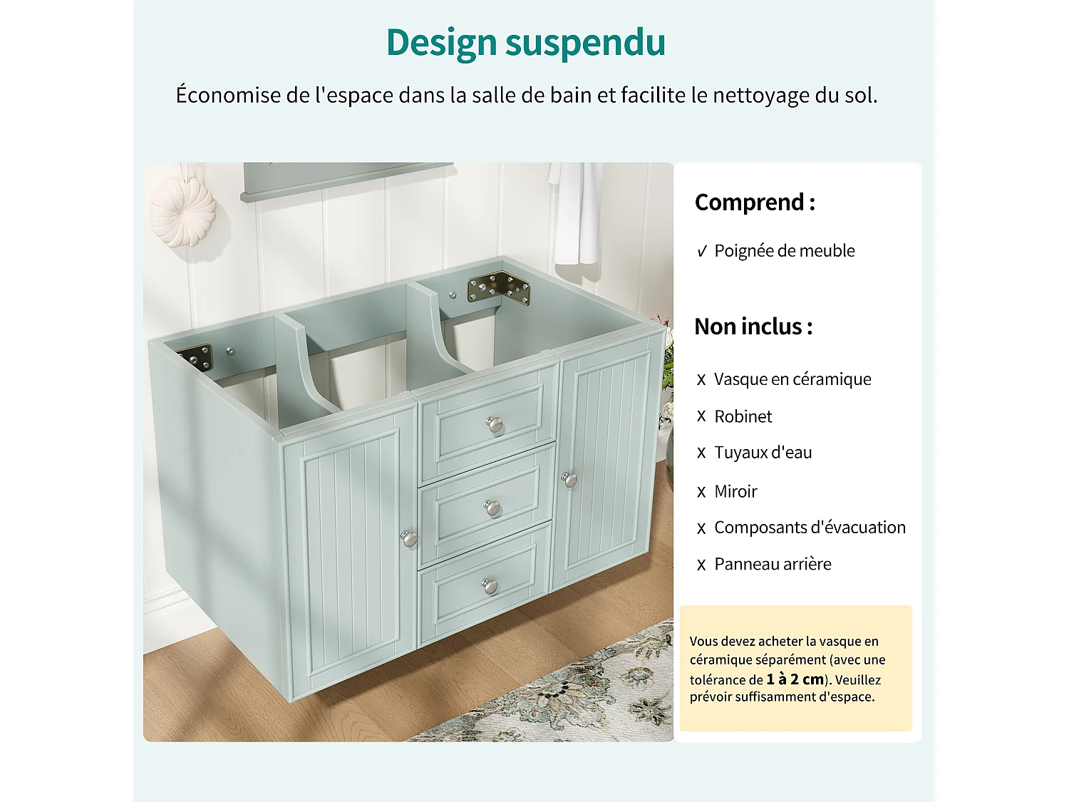 Meuble sous vasque de salle de bain suspendu avec 3 tiroirs et porte, MDF vert - L78.5cm
