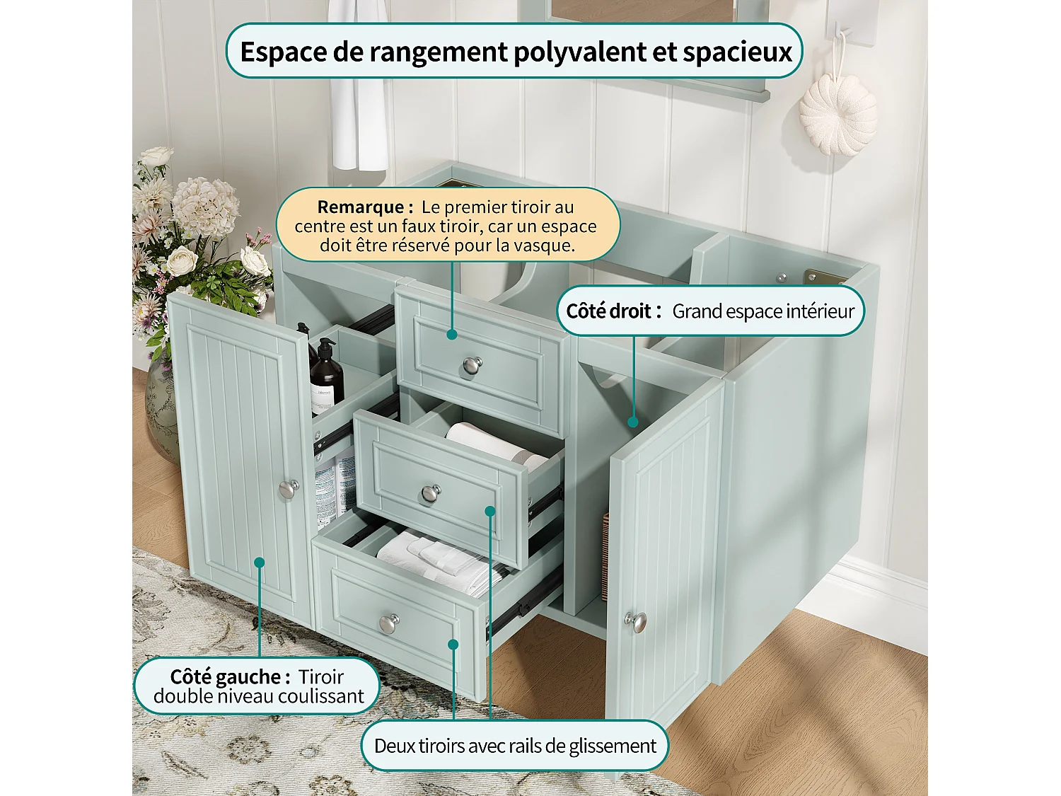Meuble sous vasque de salle de bain suspendu avec 3 tiroirs et porte, MDF vert - L78.5cm