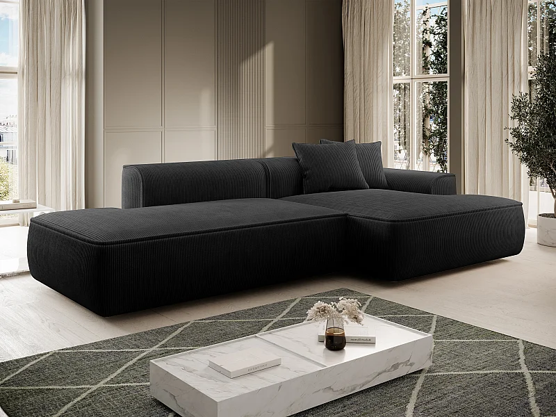  Canapé d'angle droit en velours côtelé noir ERYNEL