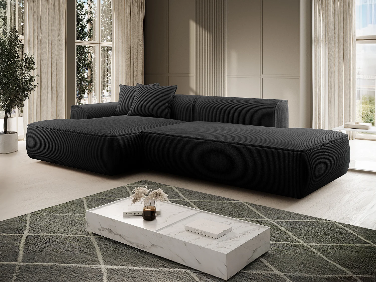 Vänstervänd hörnsvoffa i svart manchestertyg ERYNEL