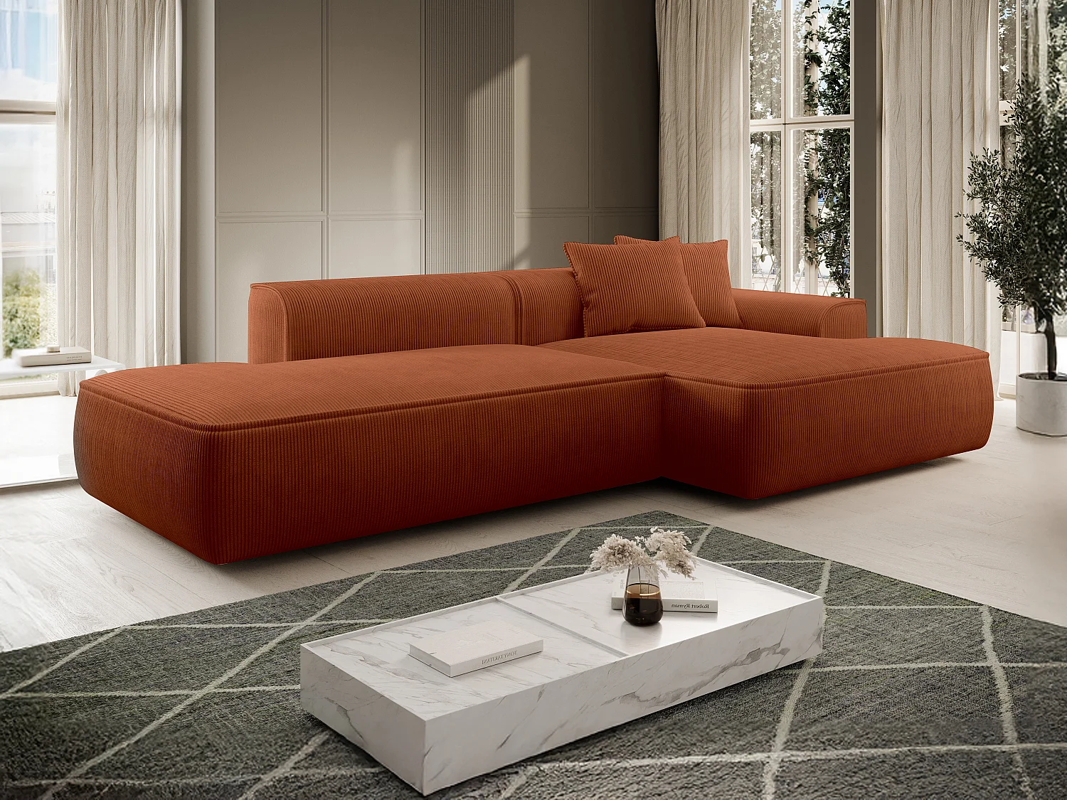  Canapé d'angle droit en velours côtelé terracotta  ERYNEL