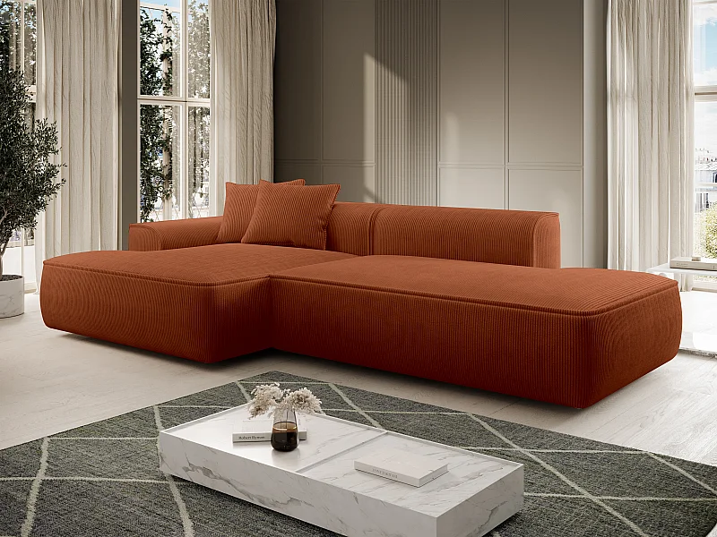 Canapé d'angle gauche en velours côtelé terracotta ERYNEL