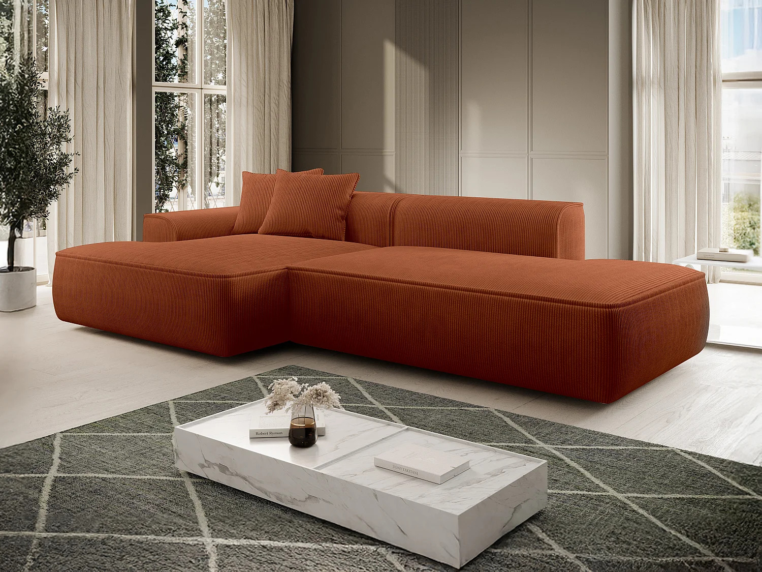Canapé d'angle gauche en velours côtelé terracotta ERYNEL