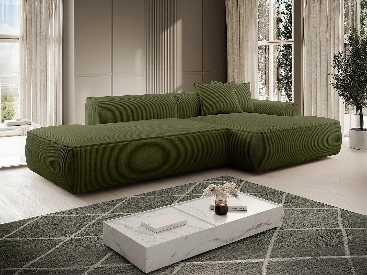  Canapé d'angle droit en velours côtelé vert kaki ERYNEL