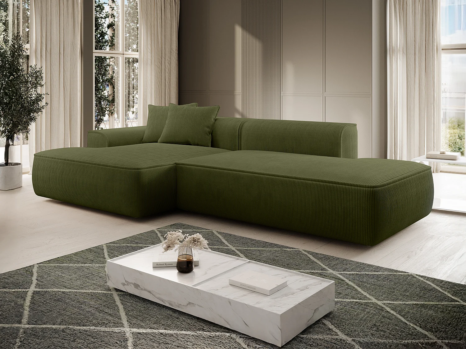 Canapé d'angle gauche en velours côtelé vert kaki ERYNEL