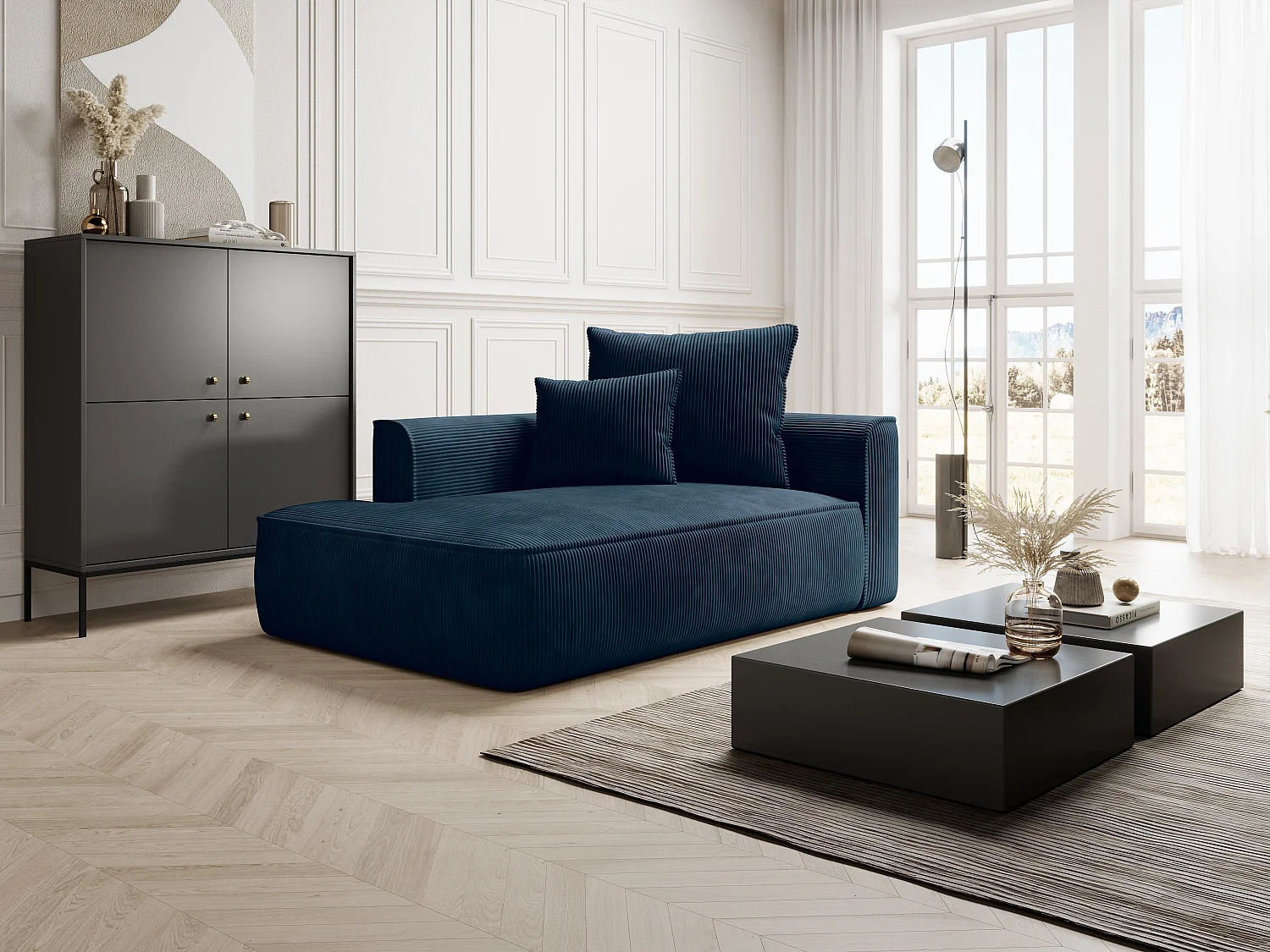 Méridienne droite en velours côtelé bleu PINETA