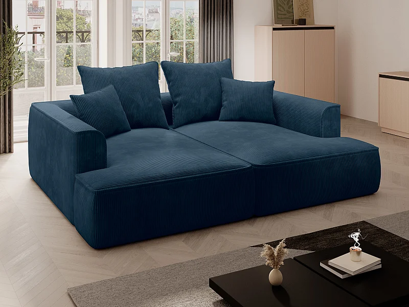 Canapé 3 places confort assise profonde en velours côtelé bleu PINETA