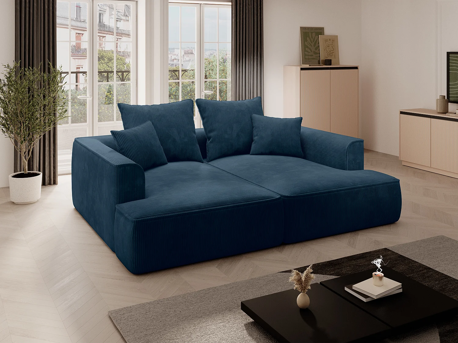 3-seters sofa med dyp sittekomfort i blå kordfløyel PINETA