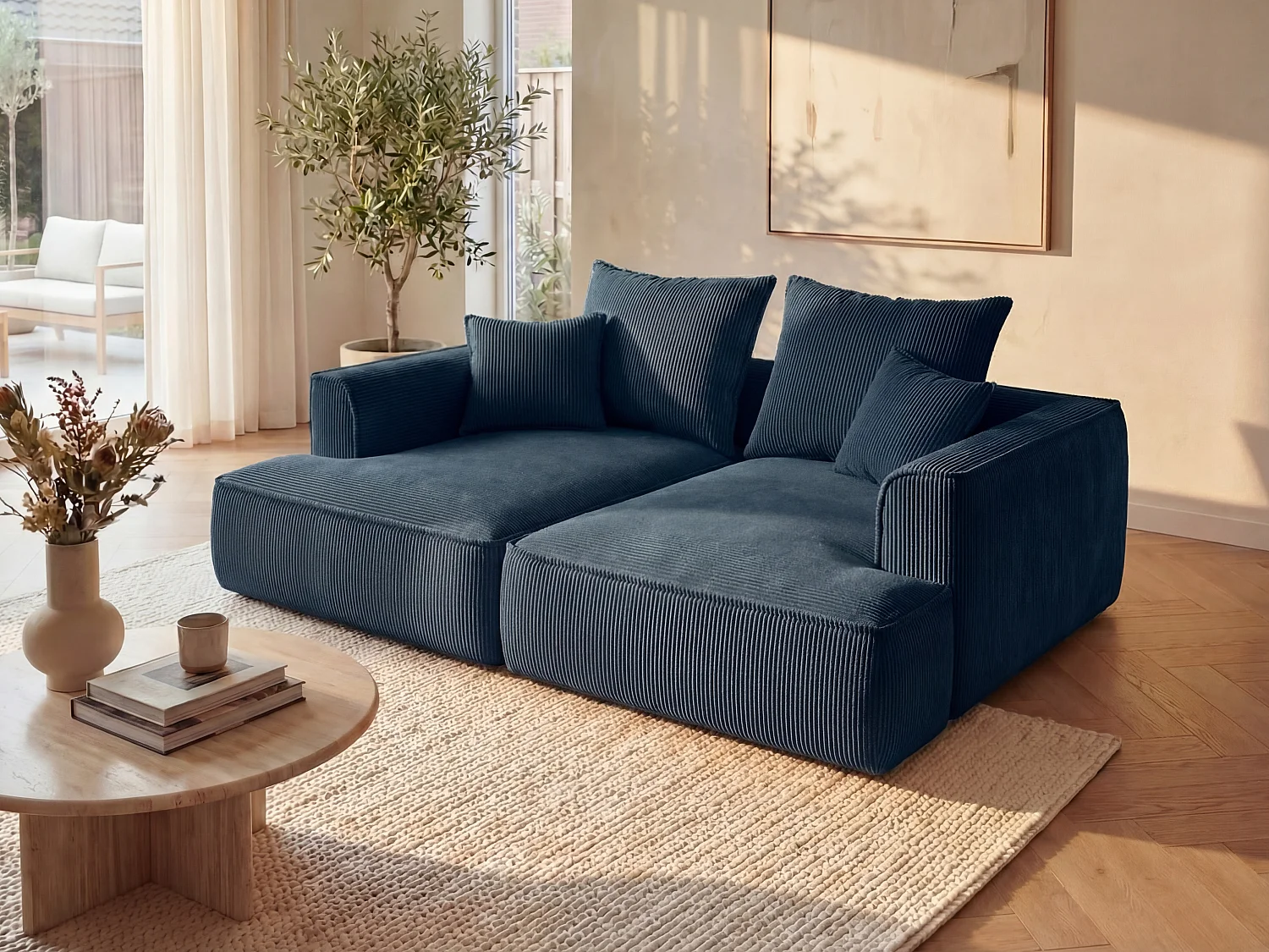 3-seater sofa with deep seat comfort in blue corduroy velvet PINETA