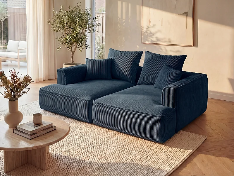 Canapé 3 places confort assise profonde en velours côtelé bleu PINETA