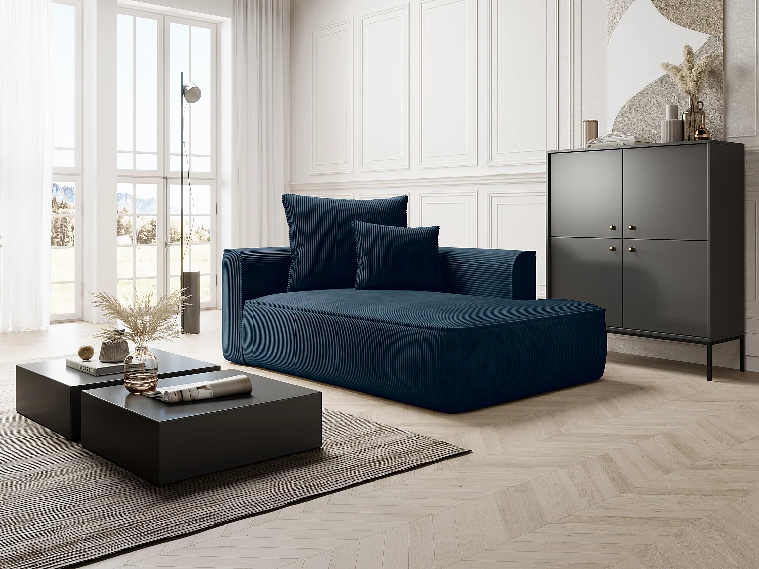 Méridienne gauche en velours côtelé bleu PINETA