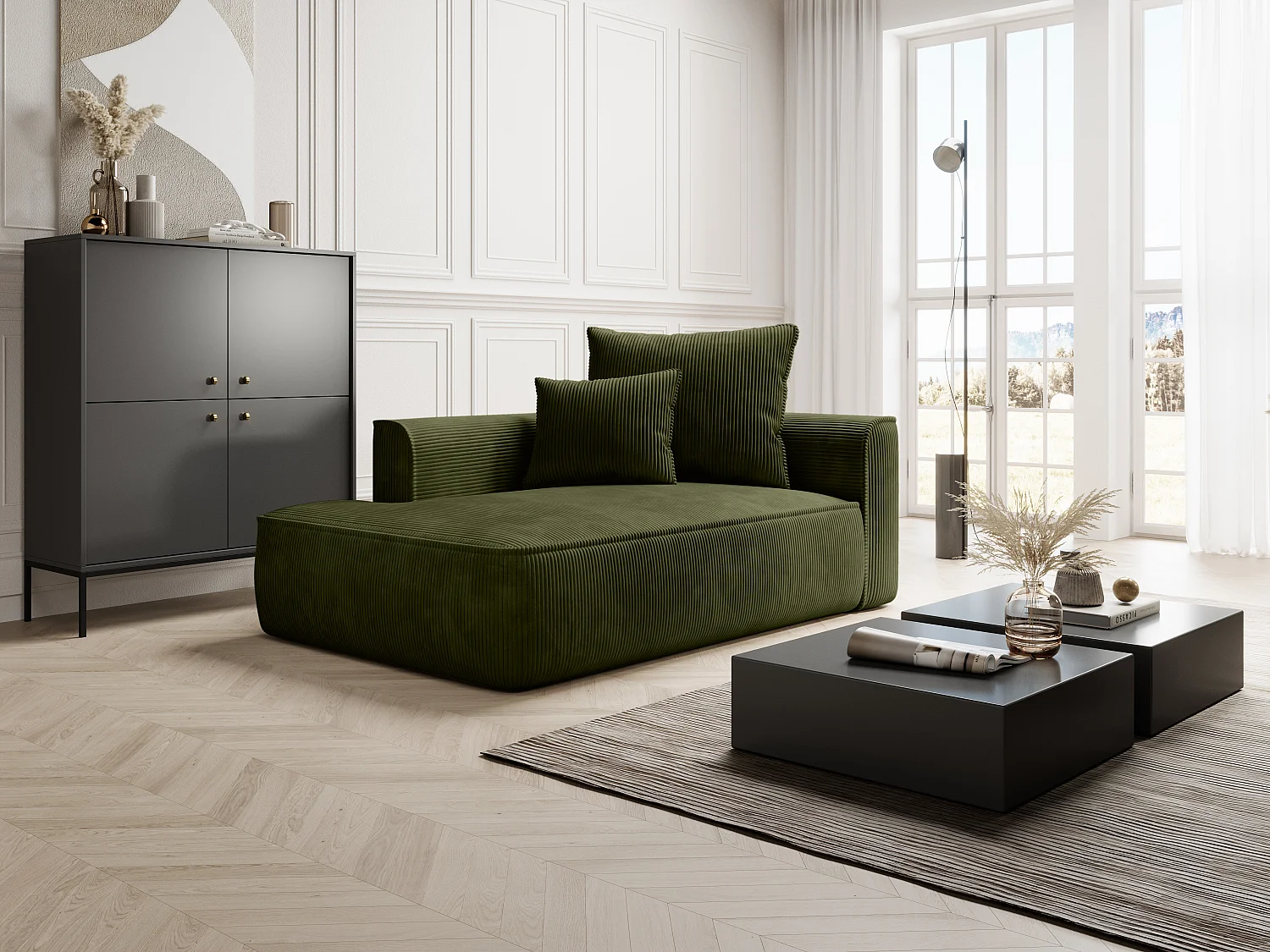 Méridienne droite en velours côtelé vert kaki PINETA