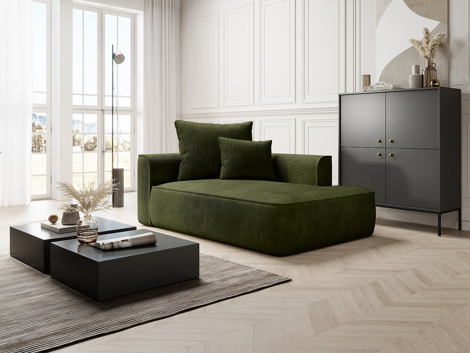 Méridienne droite en velours côtelé vert kaki PINETA